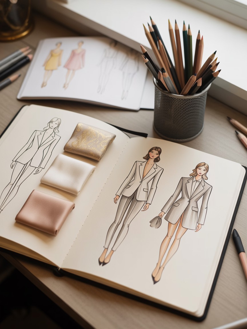 Fashion illustration portfolio pages spread across a desk with croquis sketches, fabric swatches, and a marker cup
