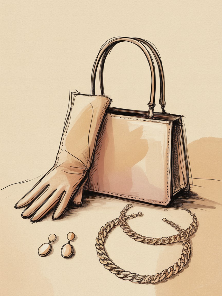 Fashion illustration flat lay of a structured handbag, leather glove, and layered gold jewelry rendered in ink and gouache