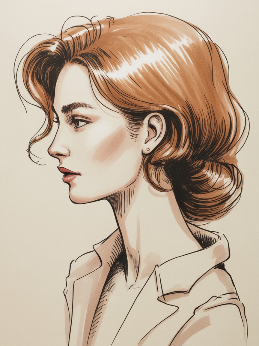 Fashion illustration of flowing hair rendered in ink and colored pencil, showing a directional part and a bright shine streak