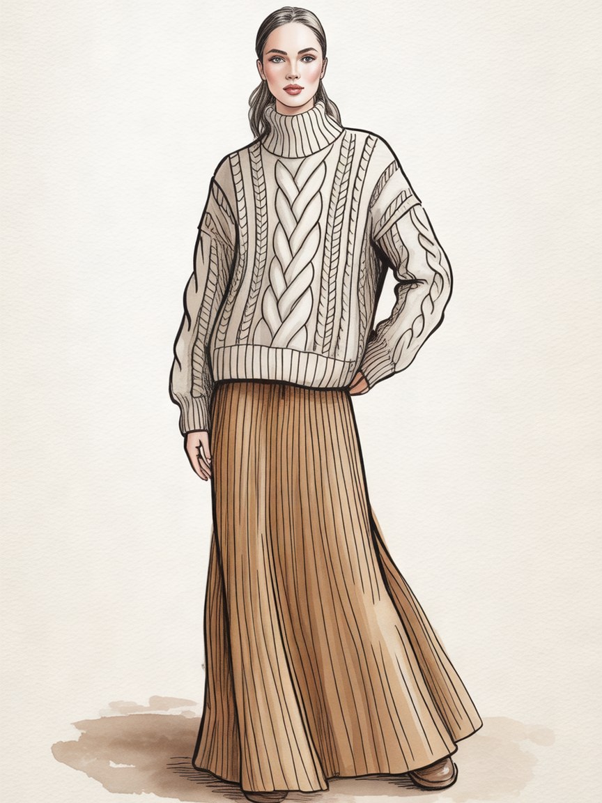 Fashion illustration of a model in a cream cable-knit turtleneck sweater and a camel ribbed maxi skirt, drawn in ink and watercolor