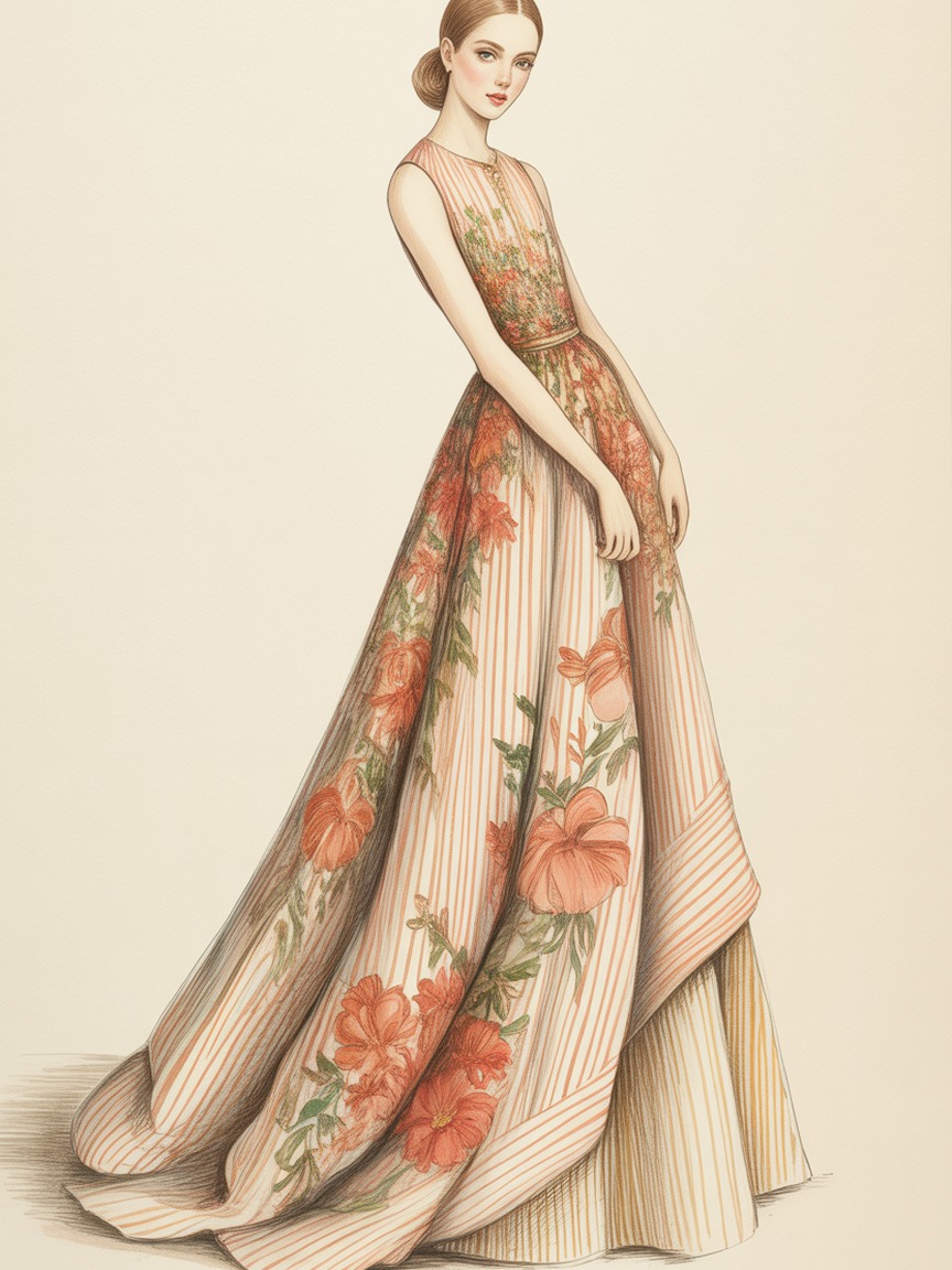 Fashion illustration figure wearing a flowing dress with a hand-drawn floral and stripe print that curves and compresses with the folds of the fabric