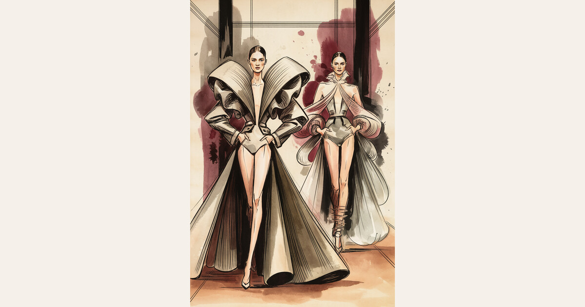 Fashion illustration of two models in structured couture coats, ink and watercolor style