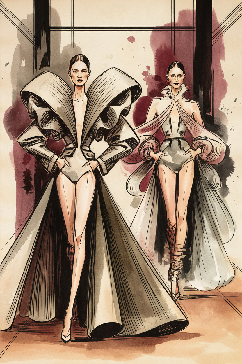 Fashion illustration of two runway looks