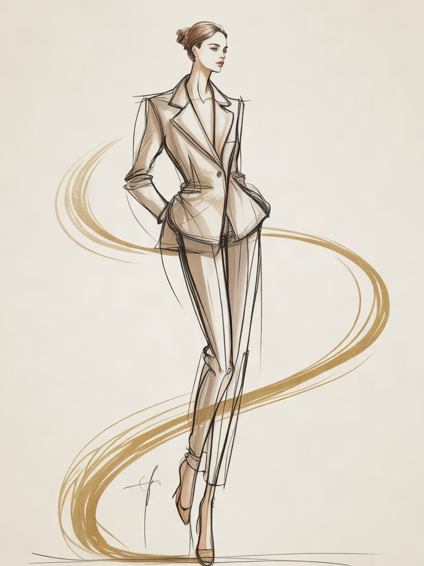 Fashion illustration of a model in a walking pose with a flowing gold S-curve line of action