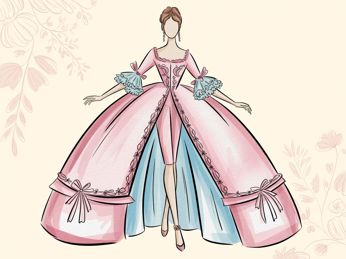 Rococo-inspired fashion illustration featuring ornamental details, padded hips, and opulent fabric rendering