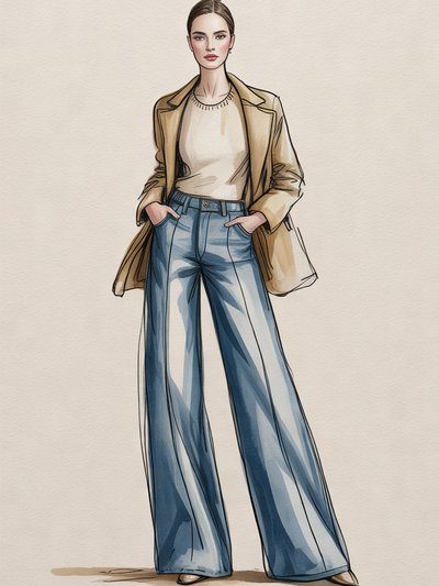 Fashion illustration of a model in wide-leg indigo jeans
