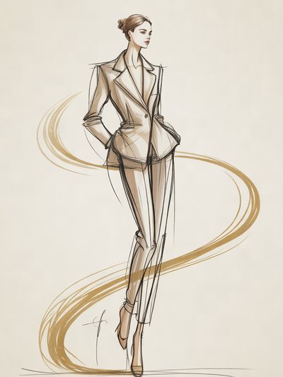 Fashion illustration of a model in a walking pose with a gold line of action